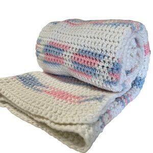 Baby Blanket Rectangle Afghan Handmade Crocheted Pink Blue White
